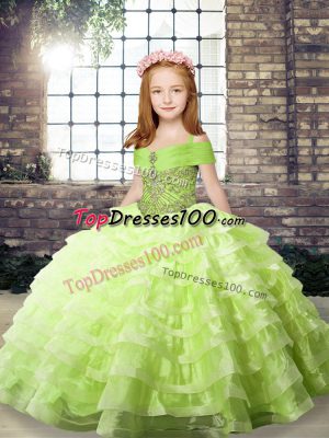 Beading and Ruffled Layers Pageant Dress for Girls Yellow Green Lace Up Sleeveless Brush Train