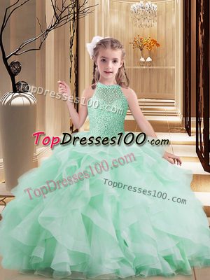 Unique High-neck Sleeveless Tulle Little Girl Pageant Dress Beading and Ruffles Lace Up