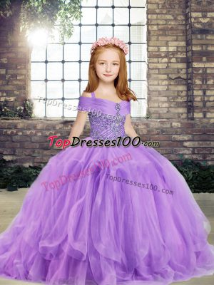 Lavender Ball Gowns Beading Little Girls Pageant Dress Lace Up Tulle Sleeveless Floor Length