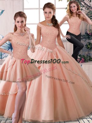 Glorious Peach Tulle Lace Up Off The Shoulder Sleeveless Ball Gown Prom Dress Brush Train Beading