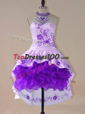 Lovely High Low Lace Up Pageant Dress Purple for Prom and Party and Military Ball with Embroidery and Ruffles
