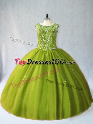 Modern Floor Length Lace Up Vestidos de Quinceanera Olive Green for Sweet 16 and Quinceanera with Beading