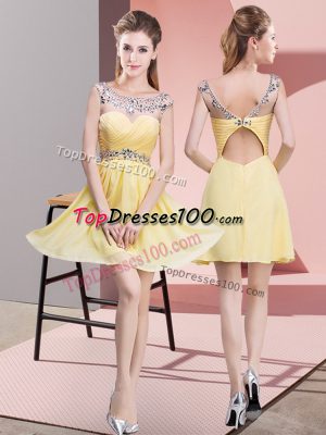 Sexy Yellow Scoop Neckline Beading and Ruching Prom Dress Sleeveless Backless