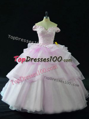 Charming Lilac Ball Gowns Beading and Ruffled Layers Ball Gown Prom Dress Lace Up Organza Sleeveless