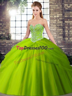 High End Sleeveless Tulle Brush Train Lace Up Sweet 16 Quinceanera Dress in with Beading and Pick Ups