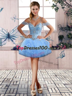 High Quality Off The Shoulder Sleeveless Lace Up Pageant Dress for Womens Light Blue Tulle