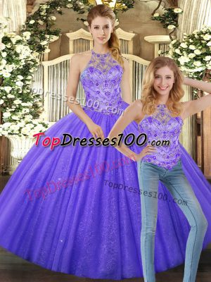 Two Pieces Sweet 16 Dresses Lavender Halter Top Tulle Sleeveless Floor Length Lace Up