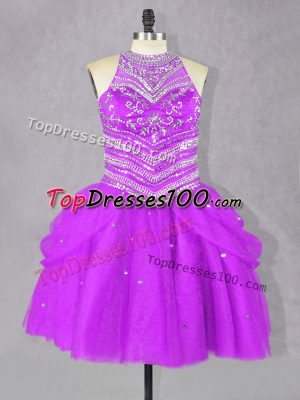 Captivating Halter Top Sleeveless Prom Gown Mini Length Beading Fuchsia Tulle