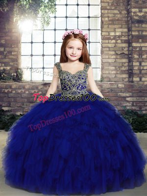Tulle Straps Sleeveless Lace Up Beading and Ruffles Pageant Dress for Teens in Royal Blue