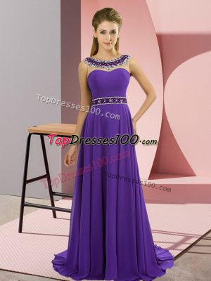 Nice Sleeveless Chiffon Brush Train Zipper Formal Dresses in Purple with Beading