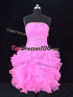 Hot Selling Organza Strapless Sleeveless Lace Up Beading Party Dress in Pink