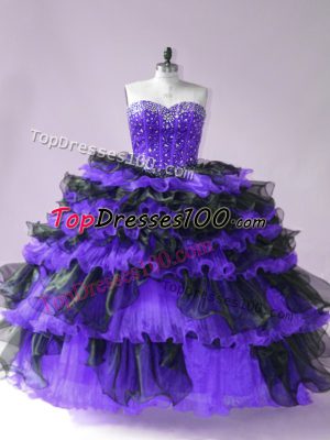 Modern Sweetheart Sleeveless Quince Ball Gowns Floor Length Beading and Ruffled Layers Black And Purple Organza