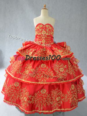 Sleeveless Floor Length Embroidery and Ruffled Layers Lace Up Little Girls Pageant Dress with Red