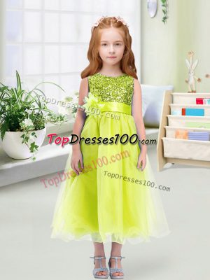 Artistic Sleeveless Tea Length Sequins and Hand Made Flower Zipper Toddler Flower Girl Dress with Yellow Green