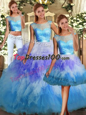 Affordable Multi-color Three Pieces Lace and Ruffles Vestidos de Quinceanera Backless Tulle Sleeveless Floor Length