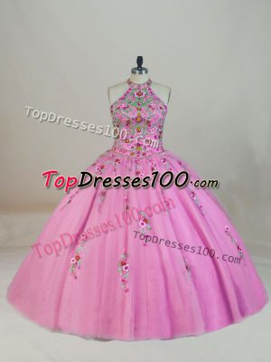 Fine Lilac Ball Gowns Appliques and Embroidery Quinceanera Gowns Lace Up Tulle Sleeveless