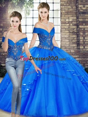 Royal Blue Tulle Lace Up 15th Birthday Dress Sleeveless Floor Length Beading and Ruffles