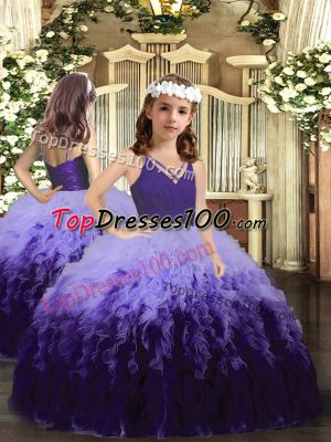 Multi-color Ball Gowns Tulle V-neck Sleeveless Ruffles Floor Length Zipper Little Girls Pageant Dress