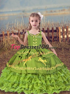 Perfect Olive Green Sleeveless Organza Lace Up Girls Pageant Dresses for Wedding Party
