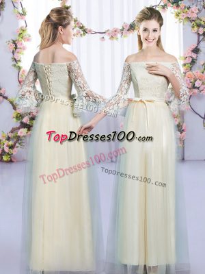 Luxury Empire Wedding Party Dress Champagne Off The Shoulder Tulle 3 4 Length Sleeve Floor Length Lace Up