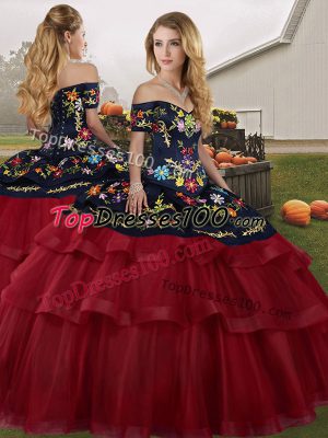 Super Wine Red Ball Gowns Tulle Off The Shoulder Sleeveless Embroidery and Ruffled Layers Lace Up Quinceanera Dresses Brush Train