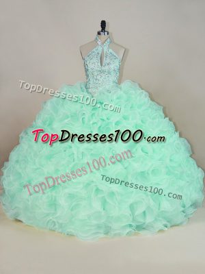 Free and Easy Fabric With Rolling Flowers Halter Top Sleeveless Brush Train Lace Up Beading and Ruffles Sweet 16 Quinceanera Dress in Apple Green
