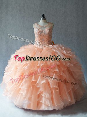 Comfortable Sleeveless Organza Floor Length Lace Up 15 Quinceanera Dress in Peach with Beading and Ruffles