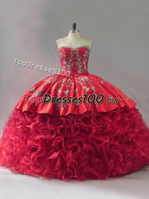 Glamorous Red Sleeveless Fabric With Rolling Flowers Brush Train Lace Up Sweet 16 Dresses for Sweet 16 and Quinceanera