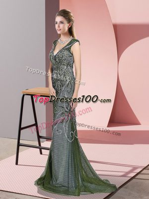 High Quality Sleeveless Tulle Sweep Train Zipper Prom Dresses in Olive Green with Beading