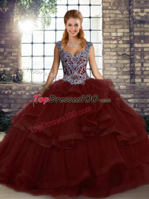 Burgundy Ball Gowns Tulle Straps Sleeveless Beading and Ruffles Floor Length Lace Up Sweet 16 Quinceanera Dress