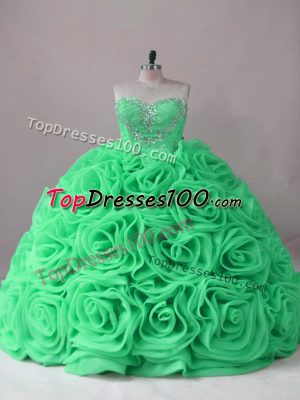 Luxury Fabric With Rolling Flowers Lace Up Sweetheart Sleeveless Quinceanera Dresses Brush Train Beading and Ruffles