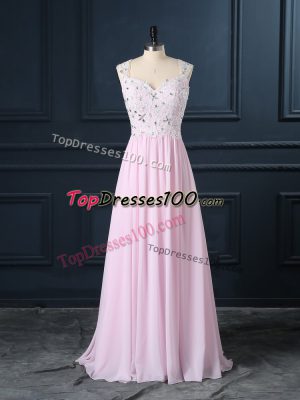 Spectacular Beading and Lace Baby Pink Backless Cap Sleeves Floor Length