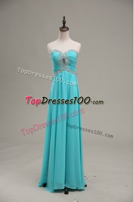 Sophisticated Sweetheart Sleeveless Prom Dress Floor Length Beading and Ruching Aqua Blue Chiffon
