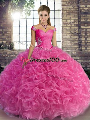Rose Pink Ball Gowns Off The Shoulder Sleeveless Fabric With Rolling Flowers Floor Length Lace Up Beading Quince Ball Gowns