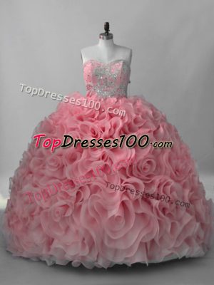 Flirting Ball Gowns Sleeveless Pink Ball Gown Prom Dress Brush Train Lace Up