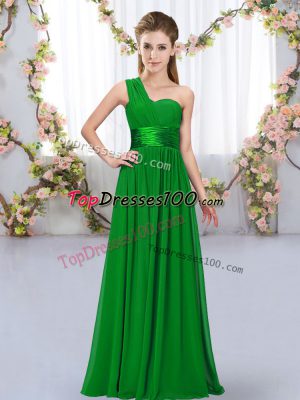 Attractive One Shoulder Sleeveless Dama Dress for Quinceanera Floor Length Belt Dark Green Chiffon