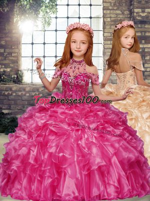 Hot Pink Organza Lace Up High-neck Sleeveless Floor Length Little Girls Pageant Dress Wholesale Beading and Ruffles
