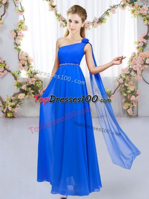 Pretty Royal Blue Lace Up One Shoulder Beading and Hand Made Flower Quinceanera Court Dresses Chiffon Sleeveless