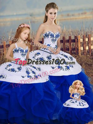 Royal Blue Ball Gowns Embroidery and Ruffles and Bowknot Sweet 16 Quinceanera Dress Lace Up Tulle Sleeveless Floor Length