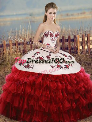 Captivating Floor Length White And Red Sweet 16 Dress Sweetheart Sleeveless Lace Up