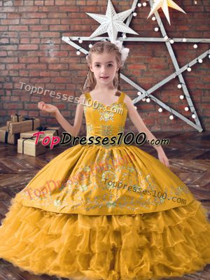 Beauteous Gold Ball Gowns Straps Sleeveless Satin and Organza Floor Length Lace Up Embroidery and Ruffled Layers Child Pageant Dress