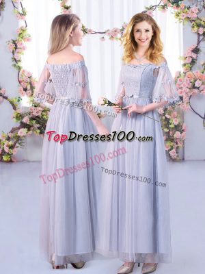 Inexpensive Tulle Off The Shoulder Half Sleeves Side Zipper Lace and Belt Quinceanera Dama Dress in Grey