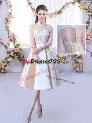 Lace and Belt Vestidos de Damas Champagne Lace Up Half Sleeves Tea Length