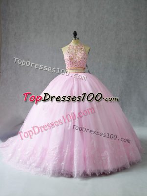 Fabulous Tulle Halter Top Sleeveless Court Train Zipper Beading and Appliques Sweet 16 Dresses in Baby Pink