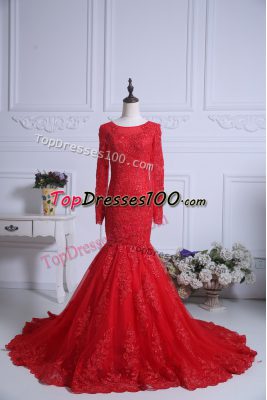 Red Mermaid Scoop Long Sleeves Tulle Court Train Zipper Lace Prom Party Dress