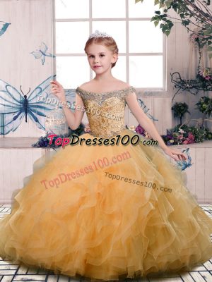 Unique Gold Off The Shoulder Lace Up Beading and Ruffles Little Girl Pageant Dress Sleeveless