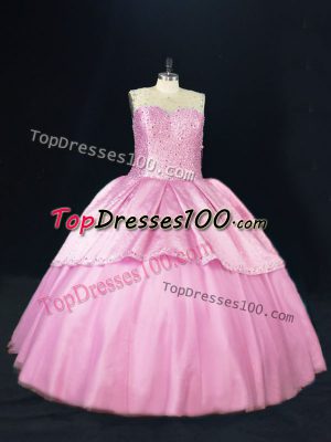 Clearance Pink Sleeveless Floor Length Beading Lace Up Quinceanera Gowns