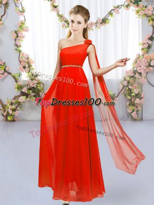 Red One Shoulder Lace Up Beading and Hand Made Flower Bridesmaids Dress Sleeveless