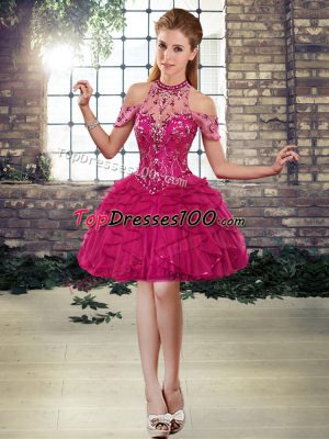 On Sale Fuchsia Ball Gowns Beading and Ruffles Lace Up Tulle Sleeveless Mini Length