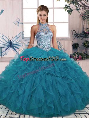 Tulle Halter Top Sleeveless Lace Up Beading and Ruffles Quinceanera Dress in Teal